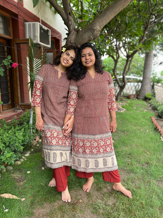 Maroon lines bagru Designer kurti - MYSANSKRITAM