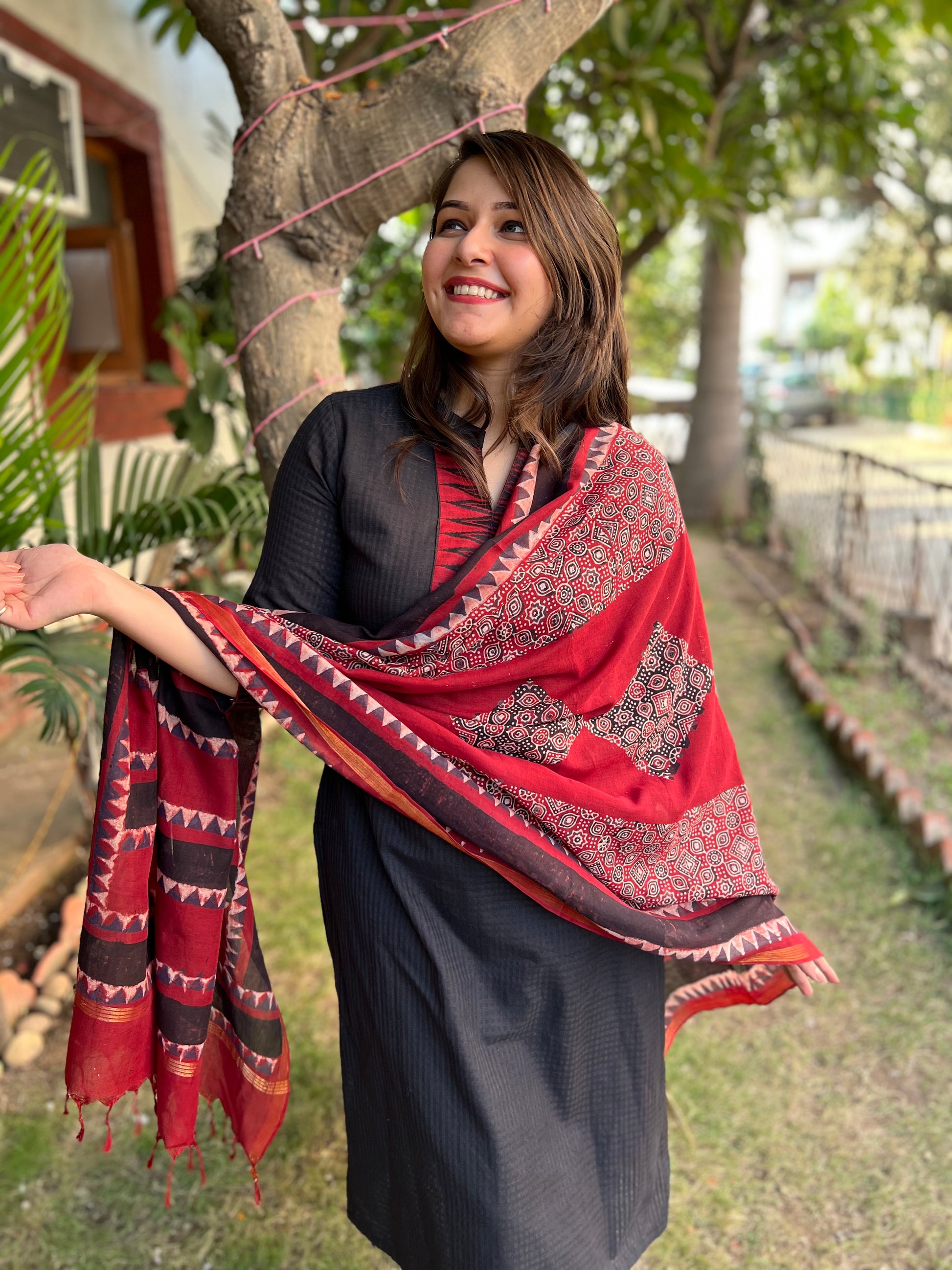 Black Border kurta with South cotton ajrakh duppata - MYSANSKRITAM