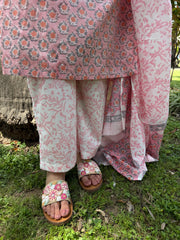 Peach grey floral handblock full suit set