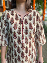 Cream maroon leaf kurta - MYSANSKRITAM