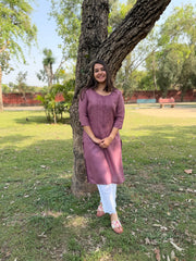 Rose pink embroidered linen kurta
