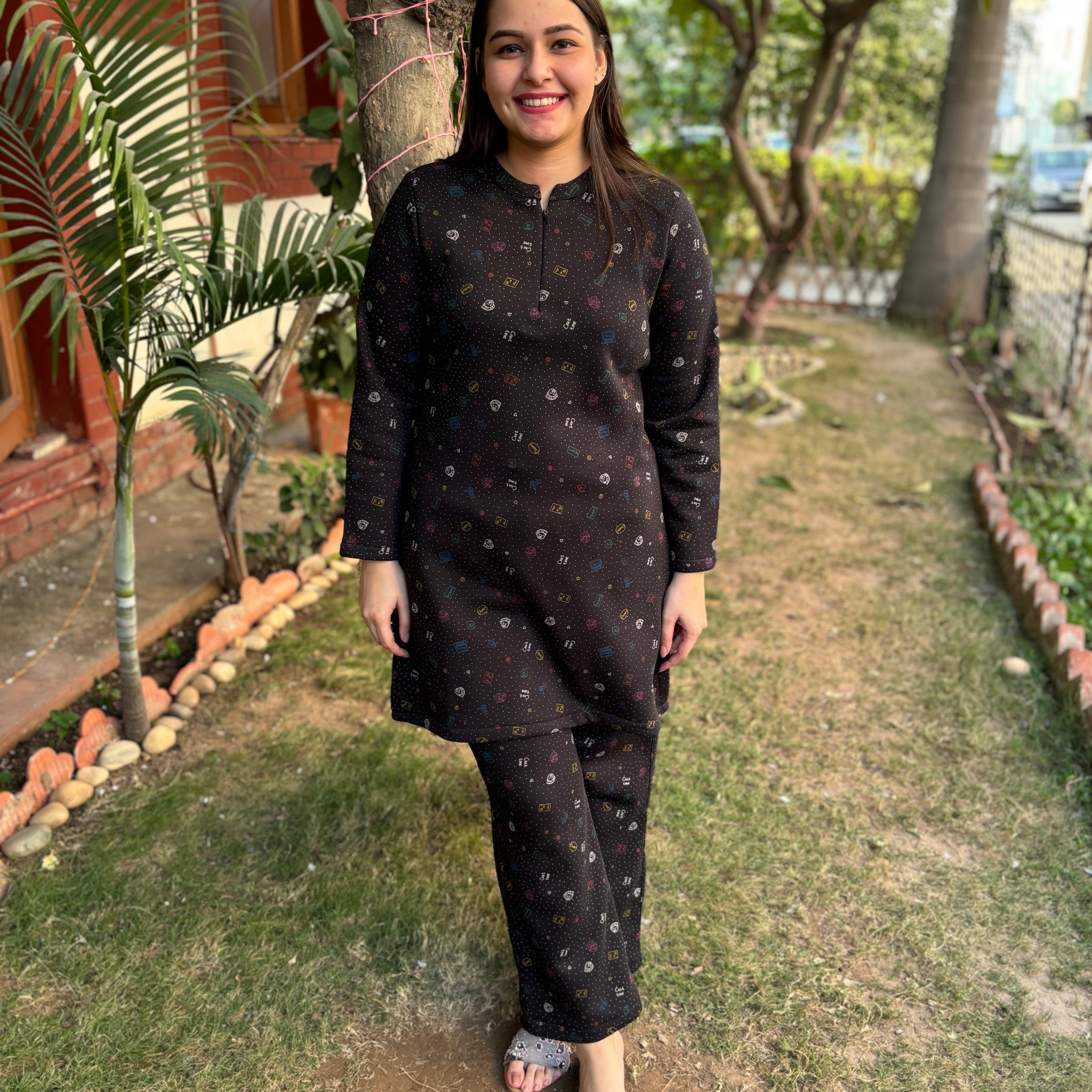 Black galaxy fleece woollen fabric kurti top