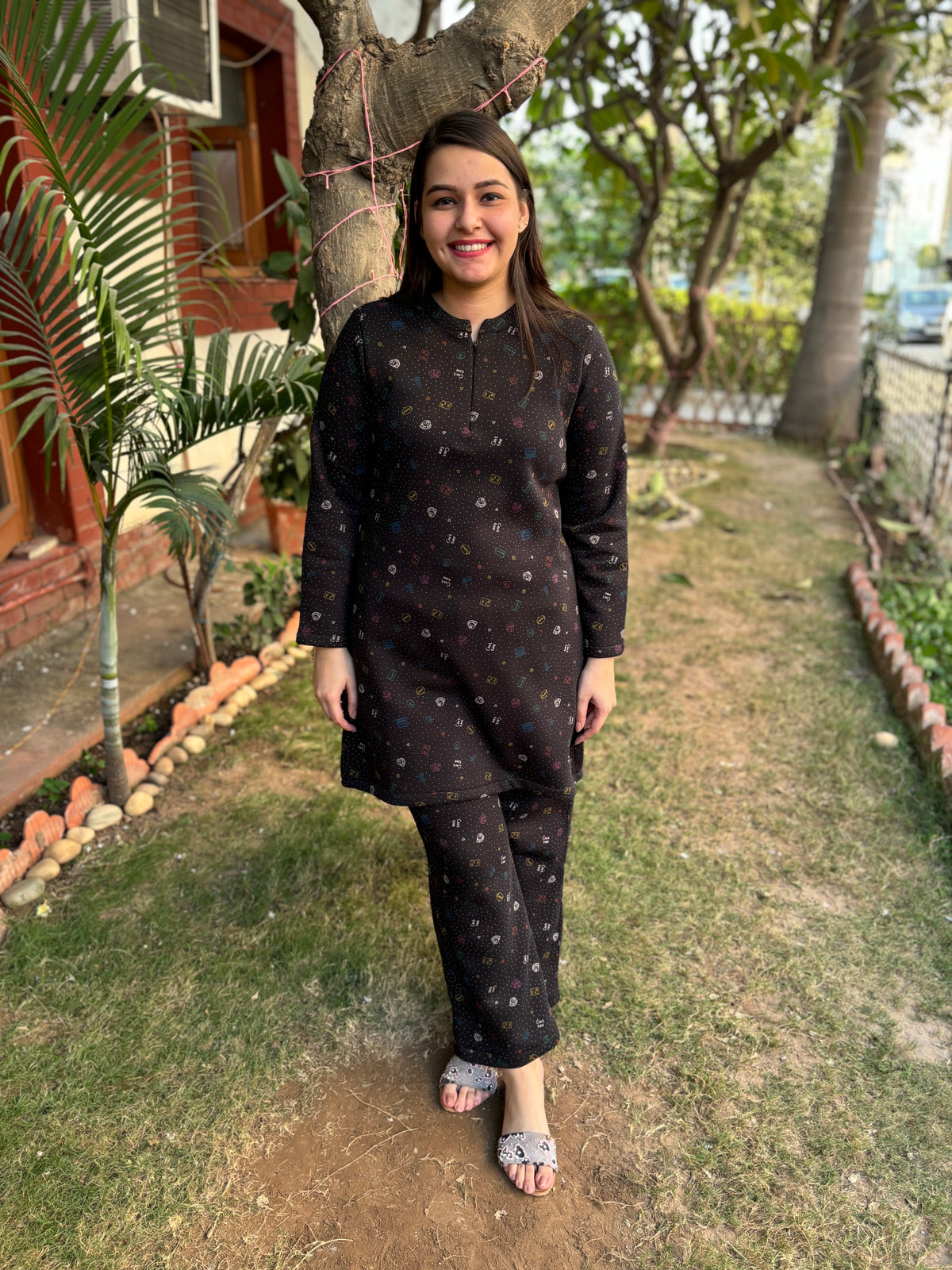 Black galaxy fleece woollen fabric kurti top