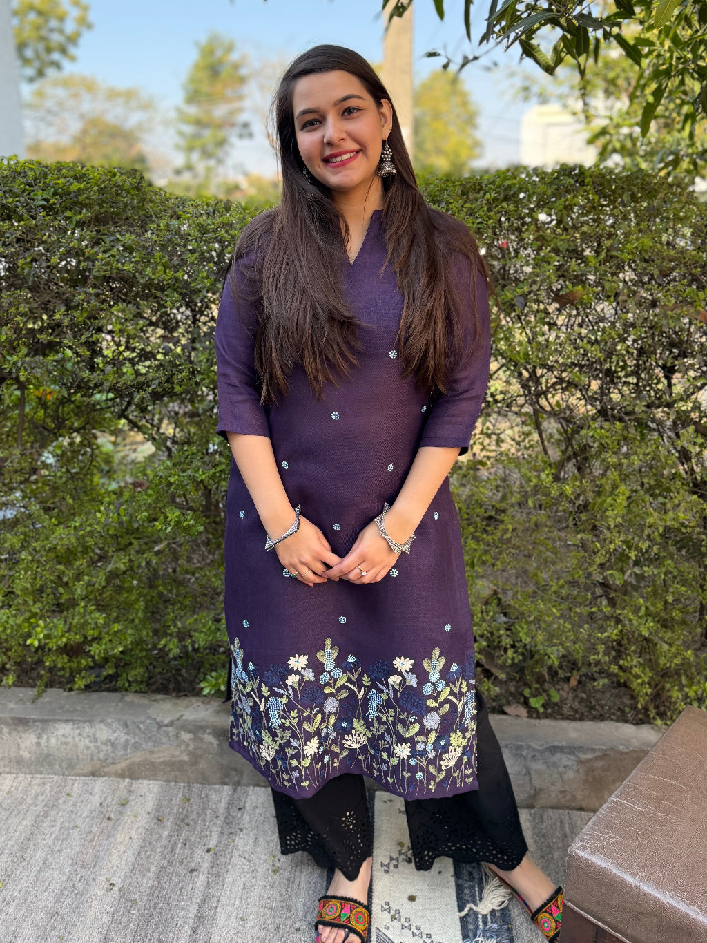 Purple embroidered Linen Kurta by MySanskritam