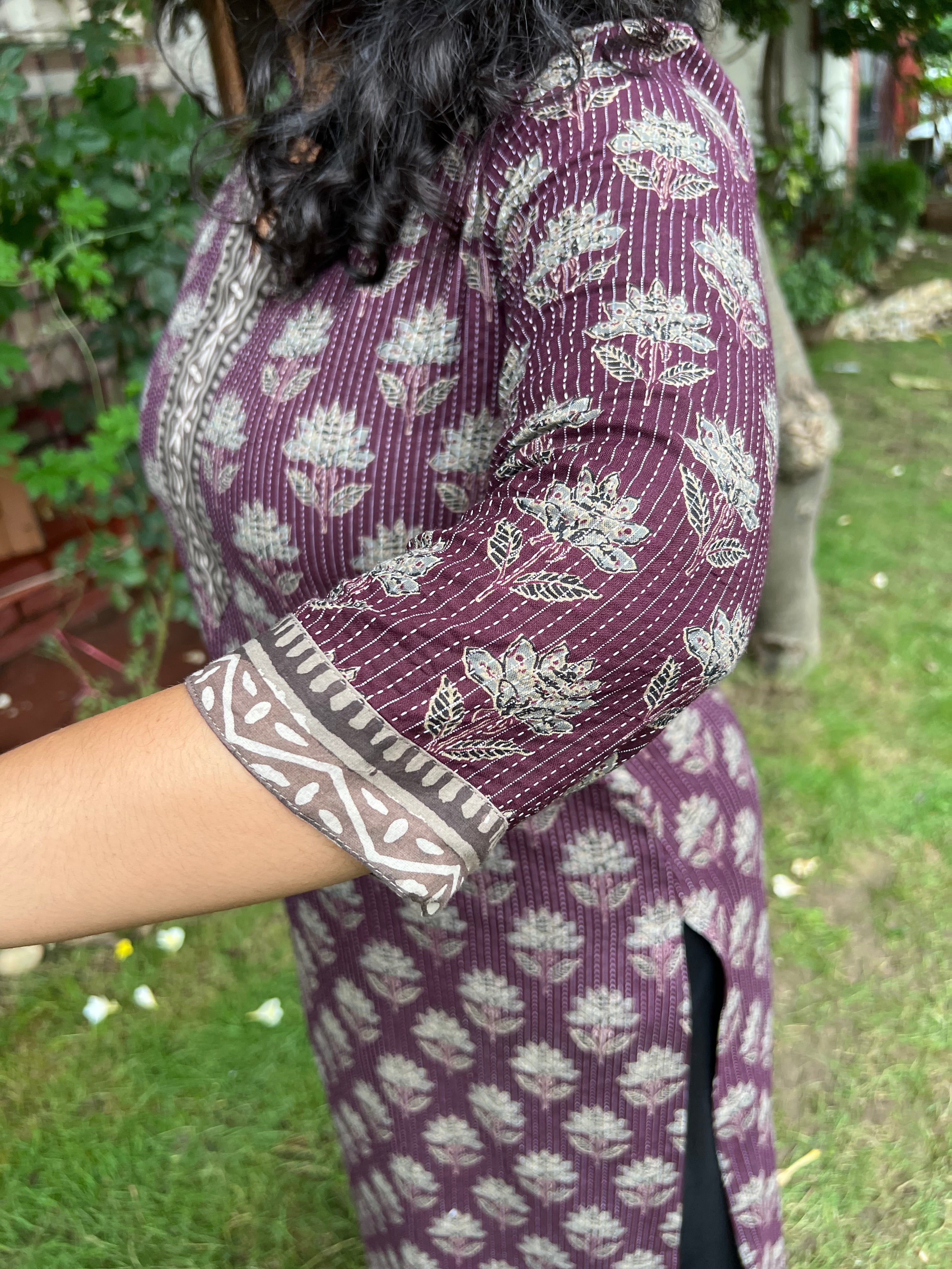 Wine Ban neck Kantha kurta - MYSANSKRITAM