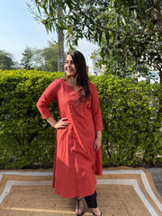 Rust Aline kurta with embroidered yoke on neck