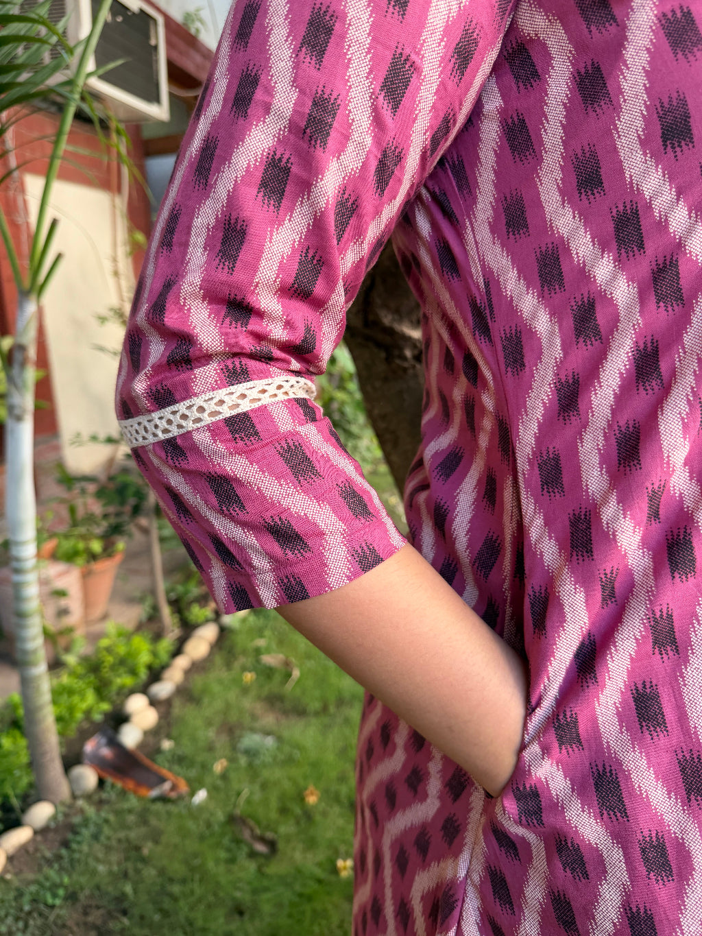 Onion Pink Ikkat A-line Kurta with Pocket by MySanskritam