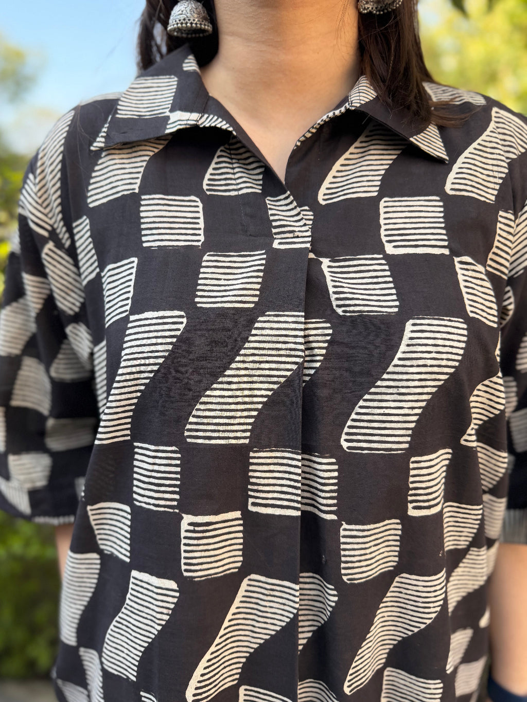 Black Geometric Free Flow Top close up by MySanskritam