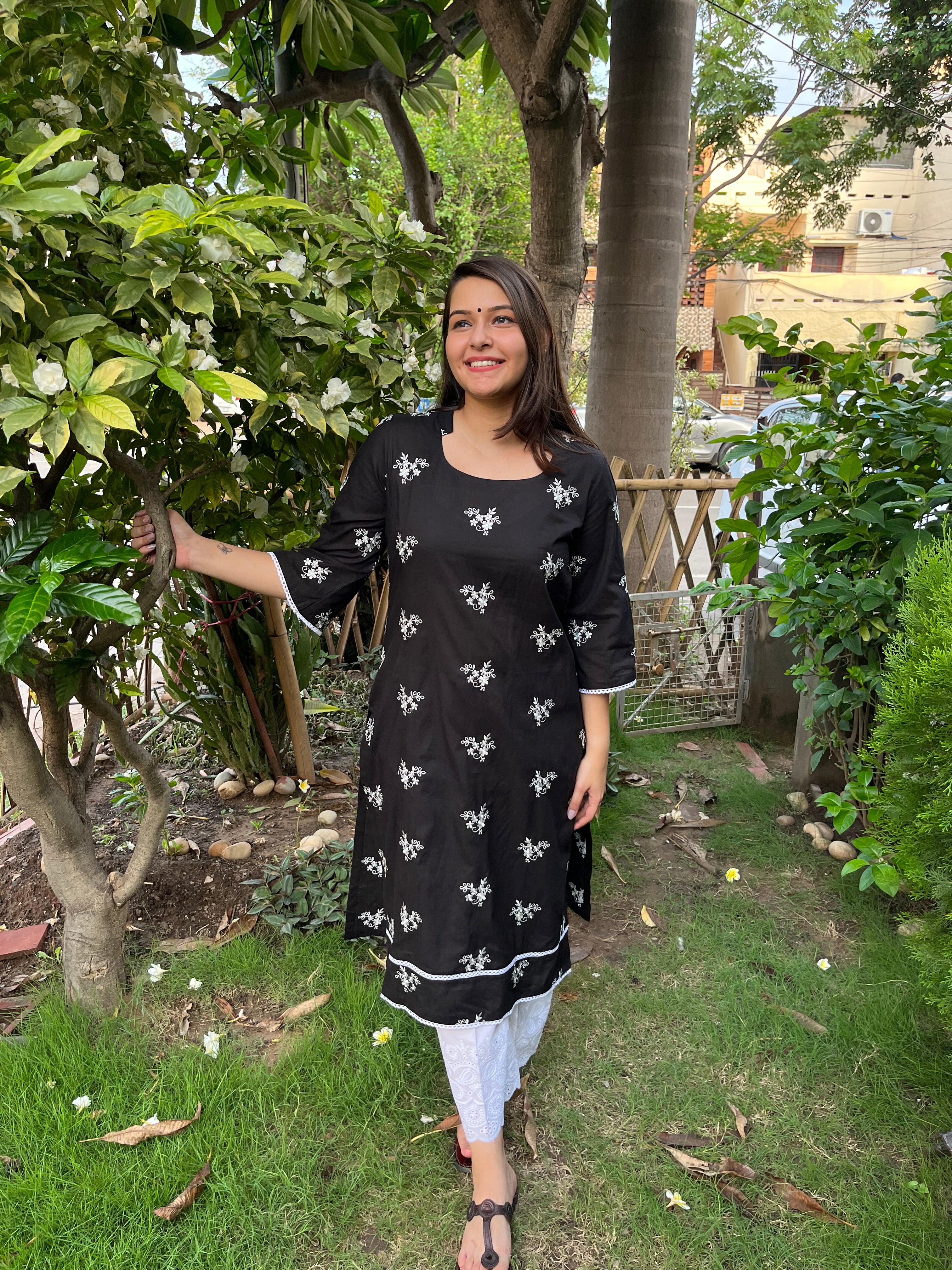 Black embroidered kurta (Umbrella sleeve) - MYSANSKRITAM