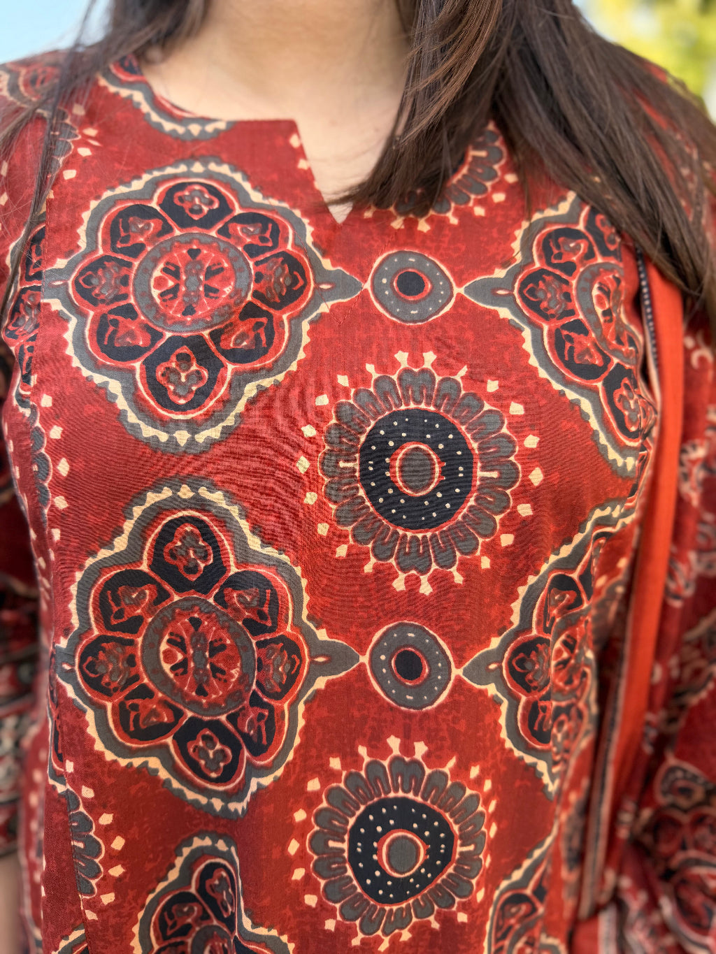 Rust Printed Aline Full Suit Set close up by MySanskritam