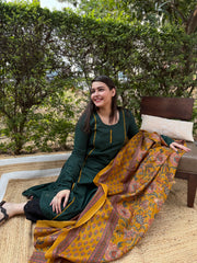 Green A-line chudi sleeve kurta duppata set