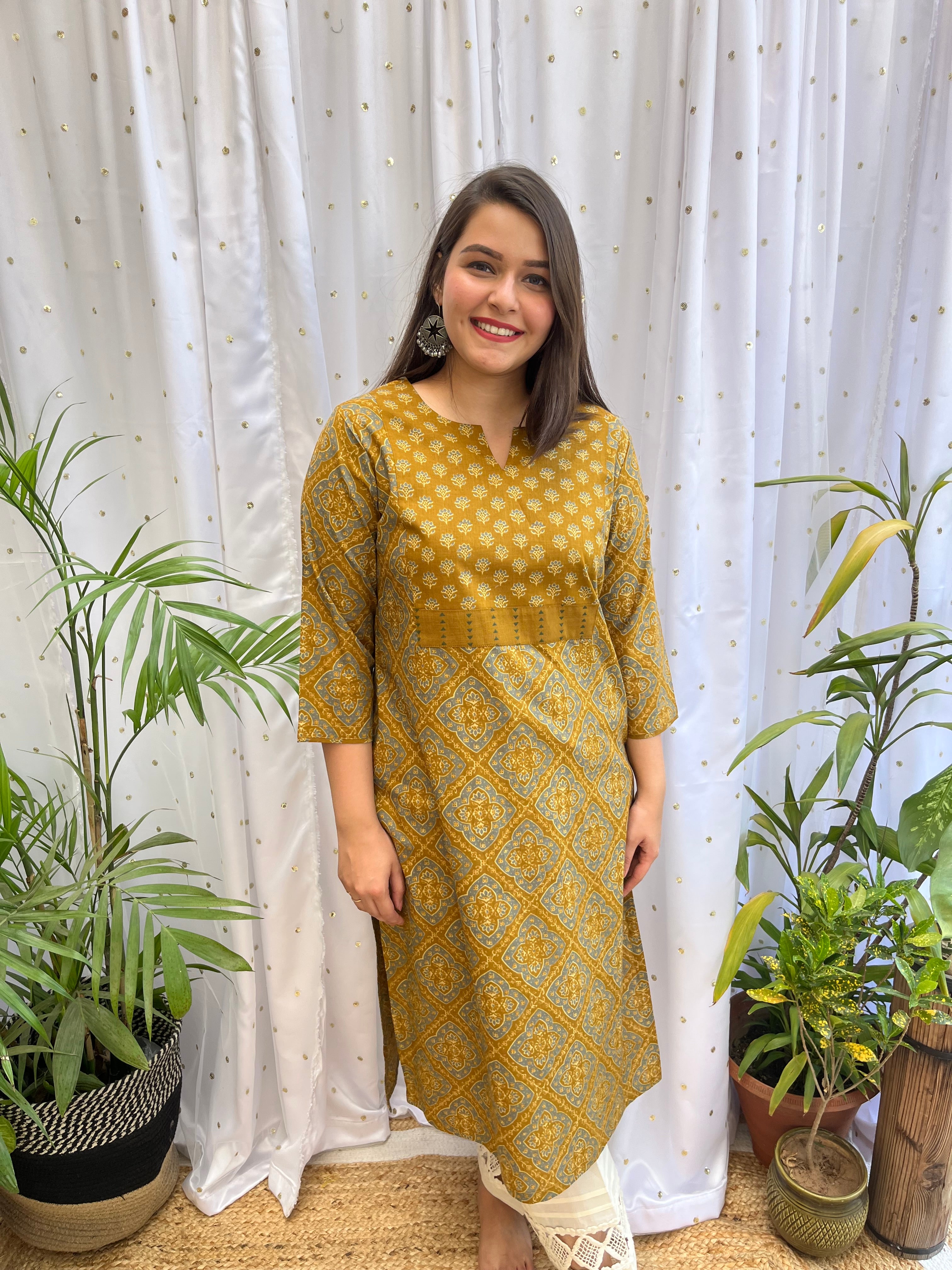 Mustard Geometric Yoke Kurta - MYSANSKRITAM