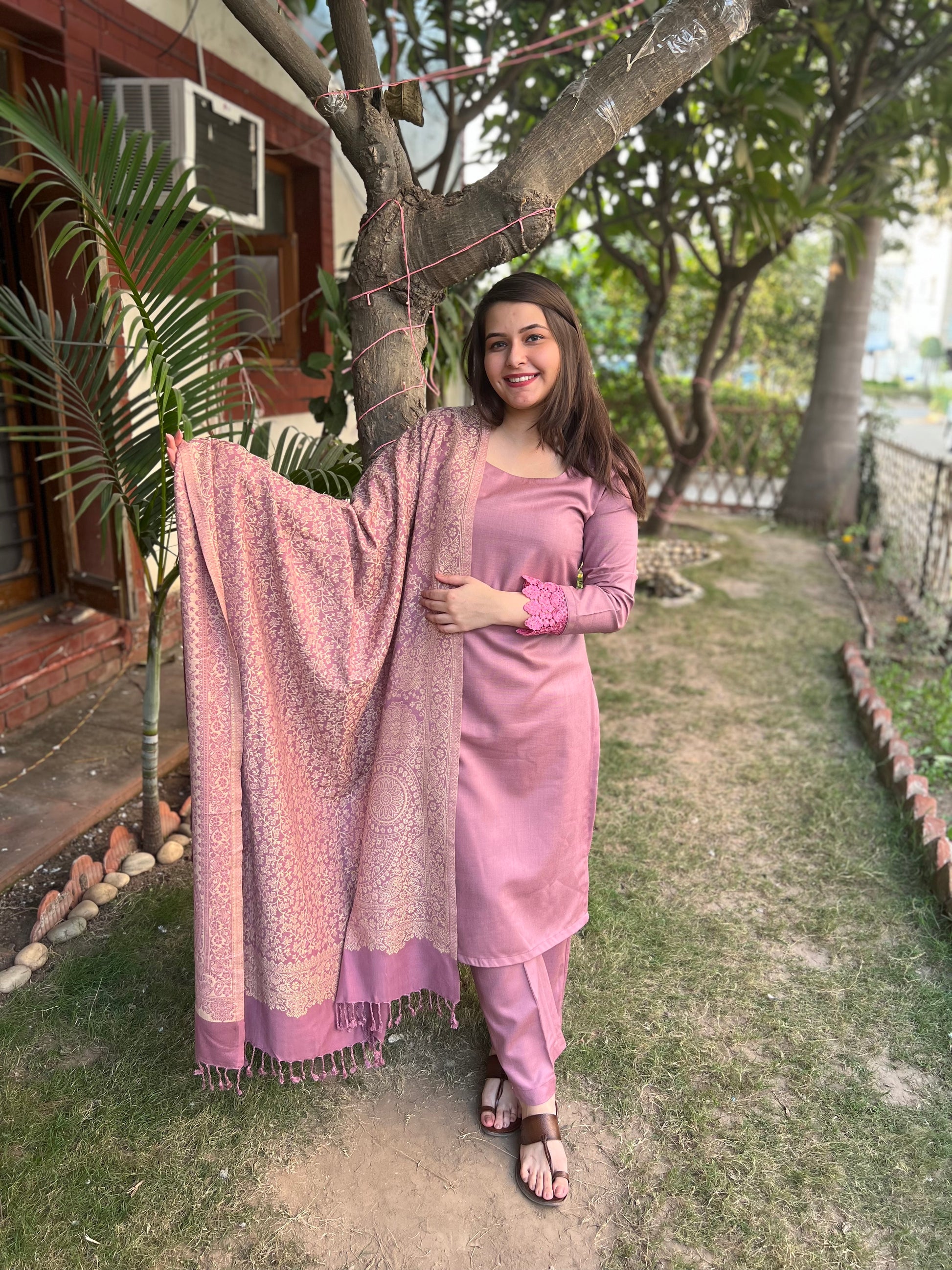 Onion Pink Woollen suit set with Shawl - MYSANSKRITAM