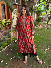 Maroon Leaf A-line Kurta with Pocket by MySanskritam