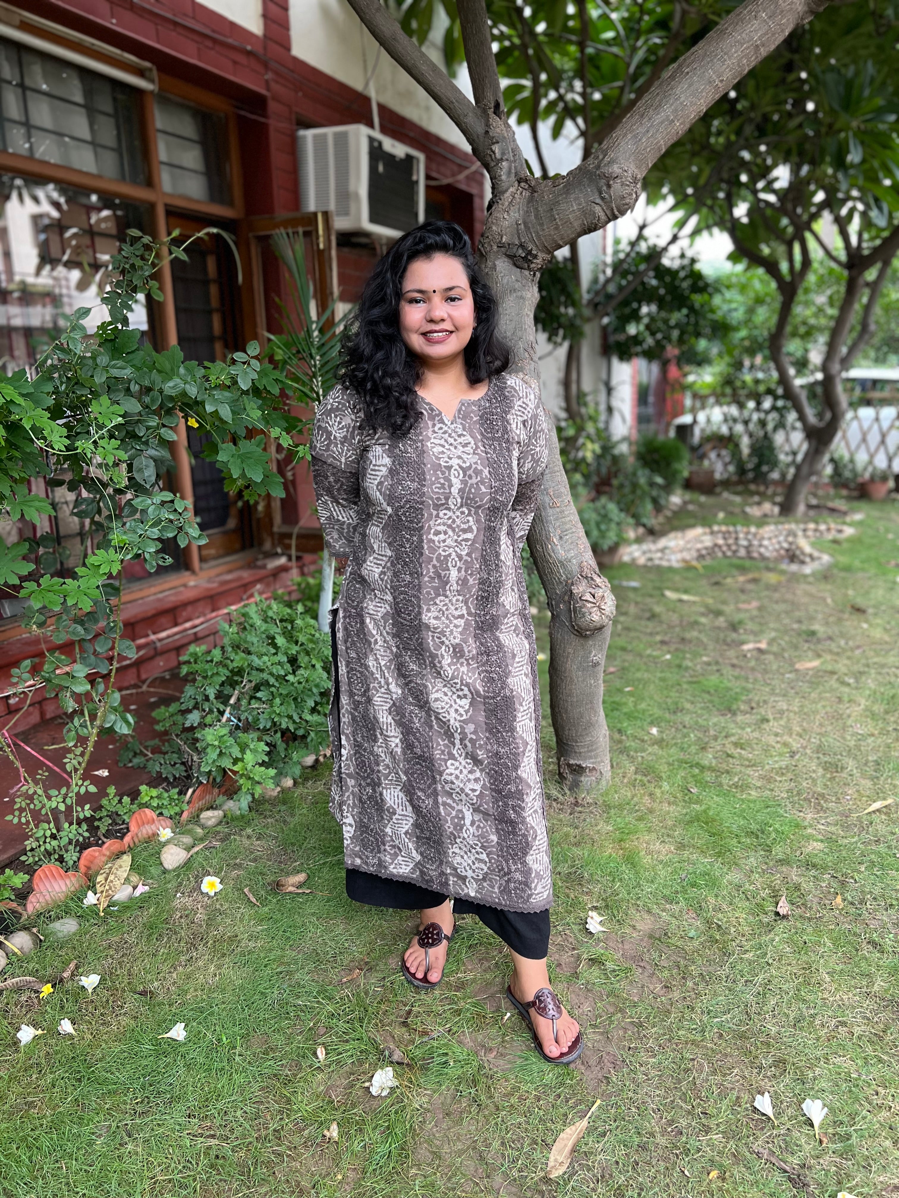 Mouse color Bagru lacework kurta - MYSANSKRITAM