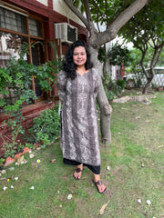 Mouse color Bagru lacework kurta - MYSANSKRITAM