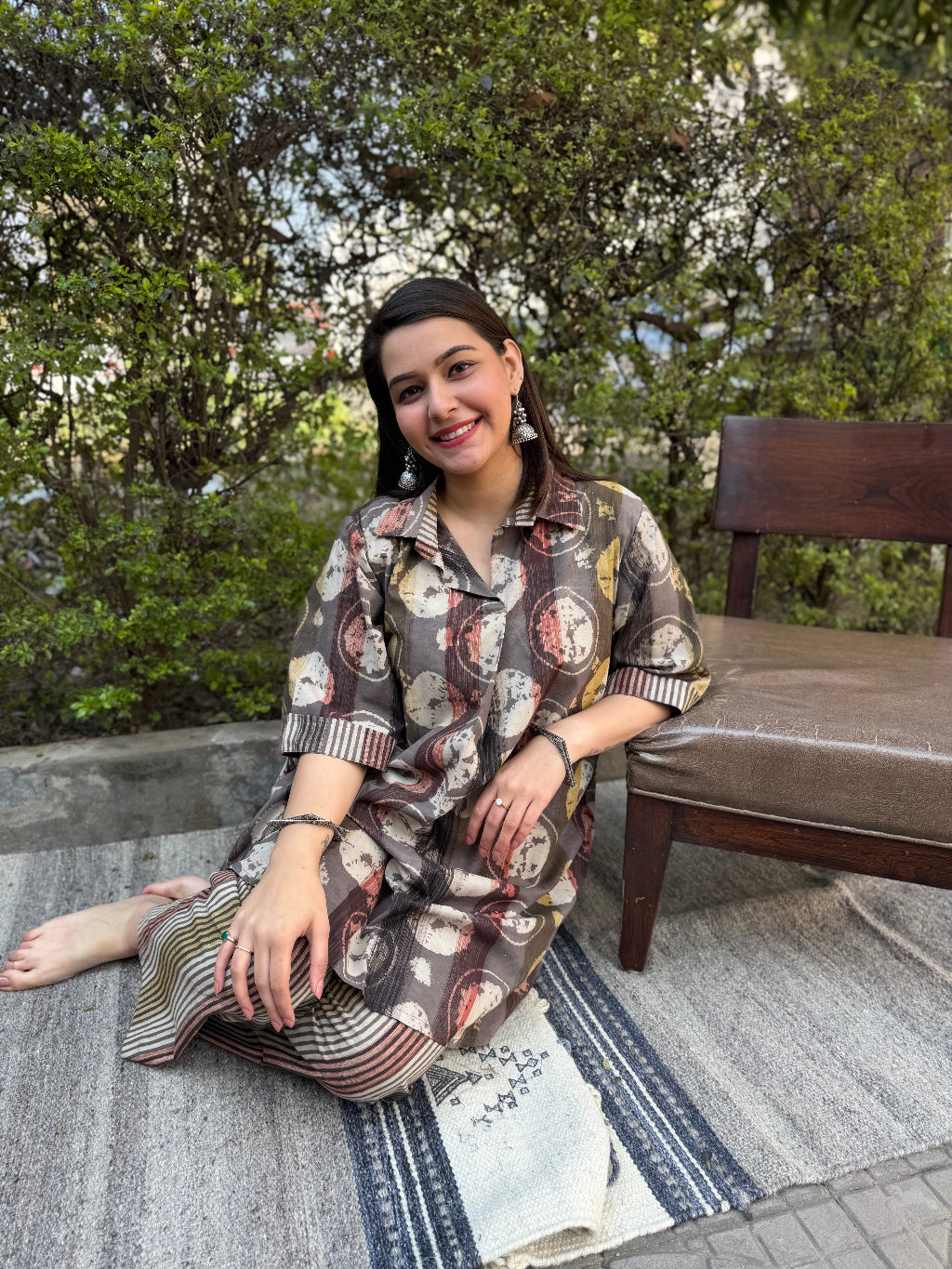 Brown Bagru Coord Set Sitting pose by MySanskritam