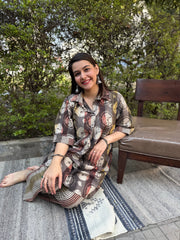 Brown Bagru Coord Set Sitting pose by MySanskritam