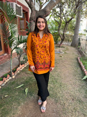 Mustard color Kanni embroidered short kurti