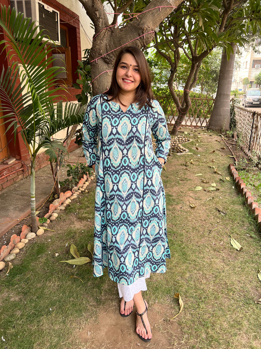 Ikkat print Aline kurta with pockets