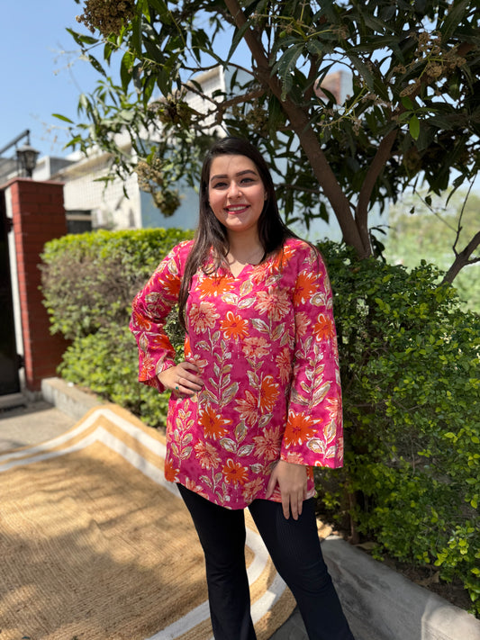 Pink floral rayon short kurti