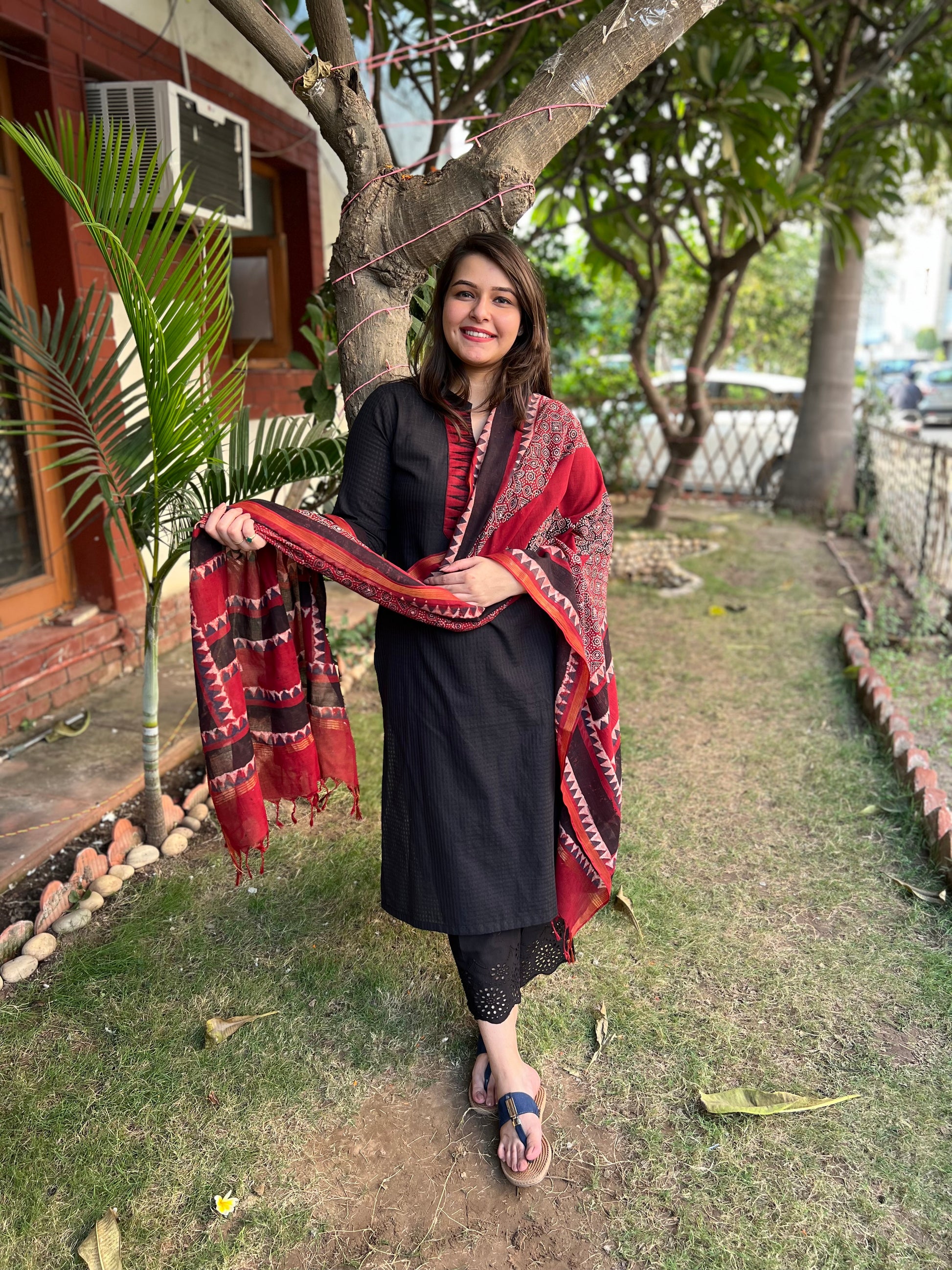 Black Border kurta with South cotton ajrakh duppata - MYSANSKRITAM