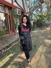 Black ajrakh velvet yoke kurta