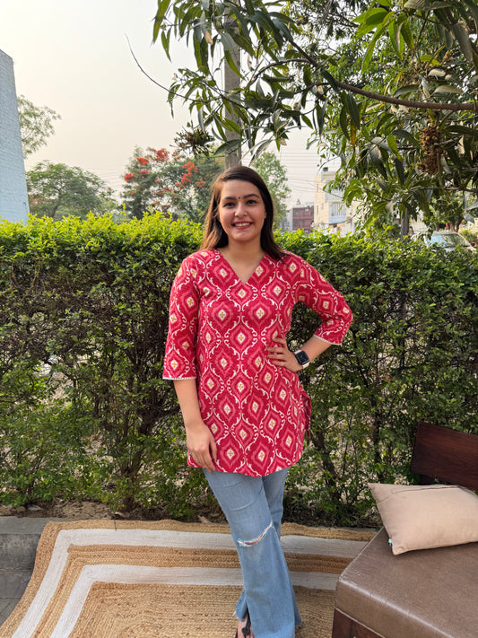 Peach ikkat print kantha kurti