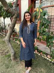 Blue flower printed lace kurta with border