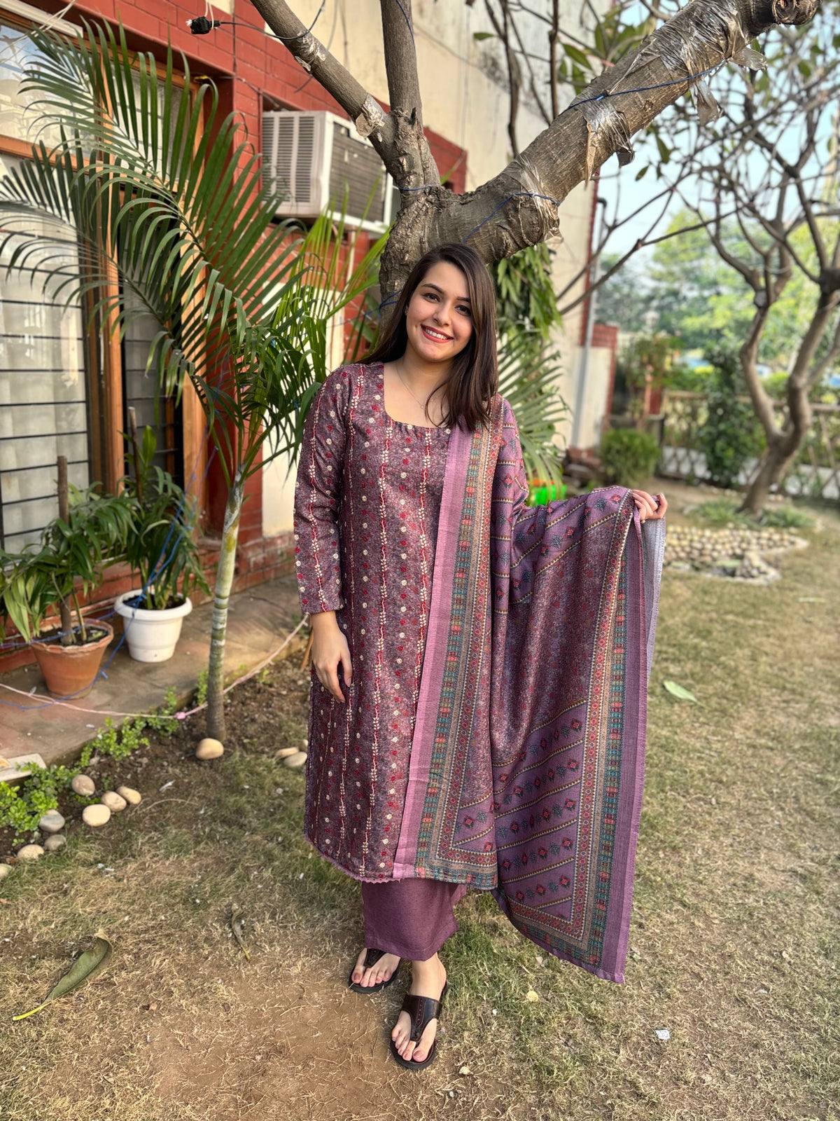 Onion pink digital printed woollen suit set with embroidery