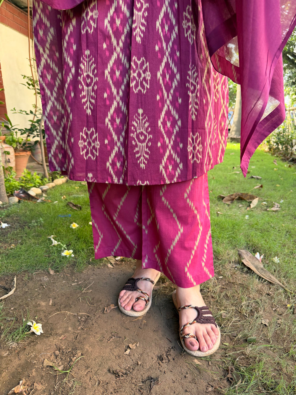 Magenta Ikkat Print Pintucks Suit Set  paalazzo by Sanskritam