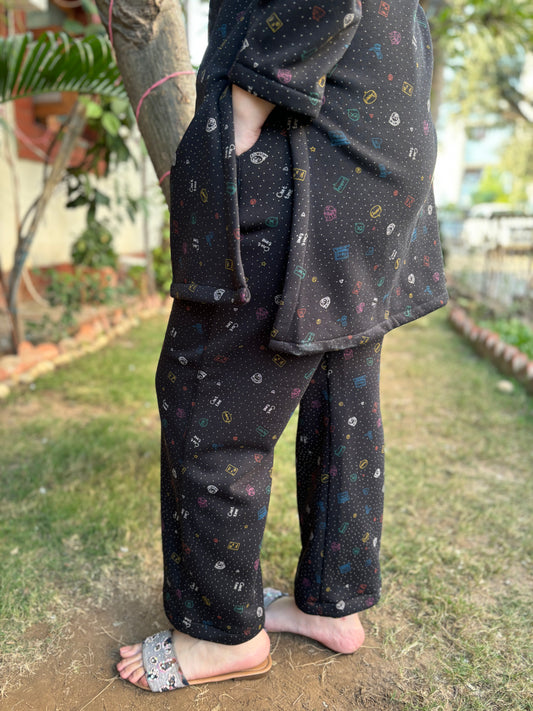 Black galaxy fleece woollen fabric palazzo