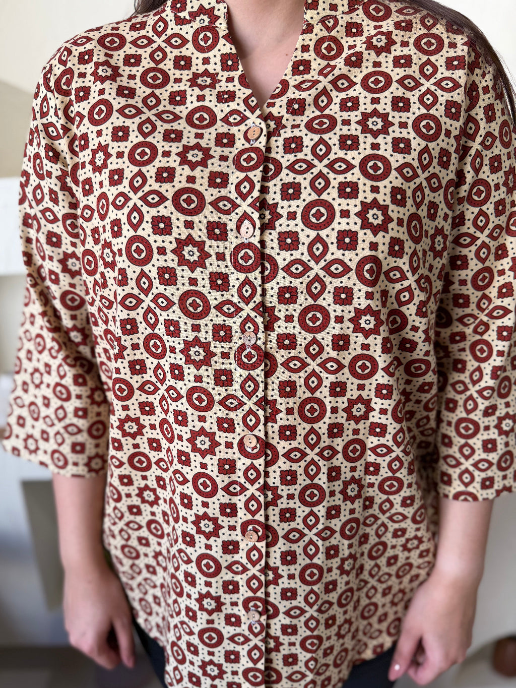 Cream Maroon Geometric Shirt up close  by Sanskritam