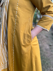 Mustard A-Line kurta with Scarf