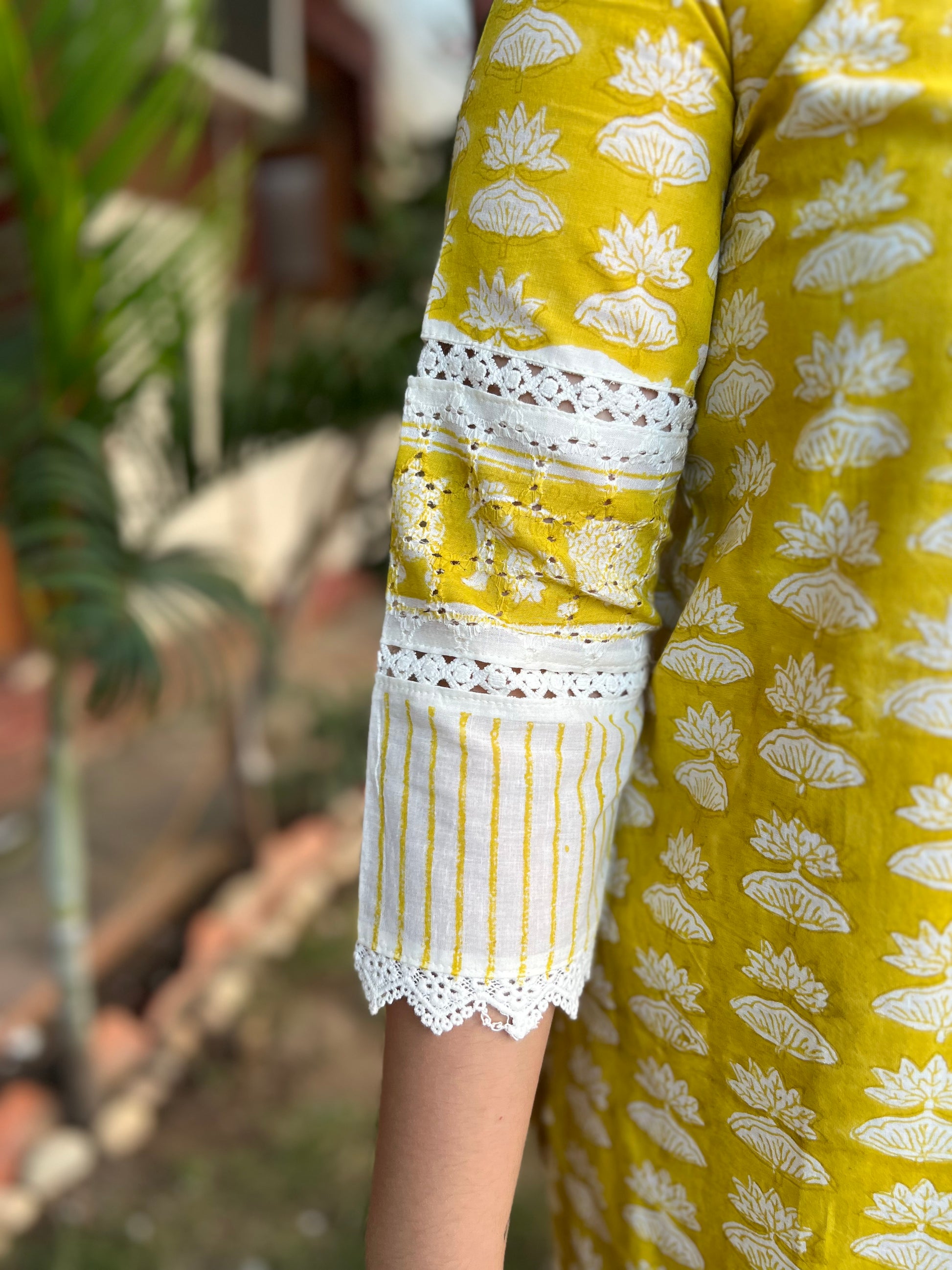 Mustard Lacework printed full suit set - MYSANSKRITAM