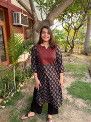 Black Grey Yoke sanganeri kurta - MYSANSKRITAM