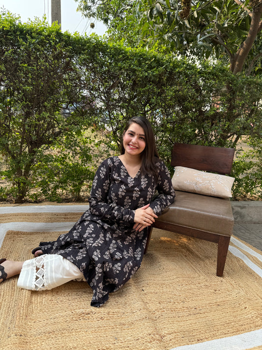 Brown handblock chudi sleeve Aline kurta