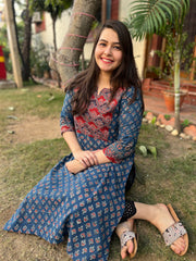 Indigo buti Ajrakh yoke kurta