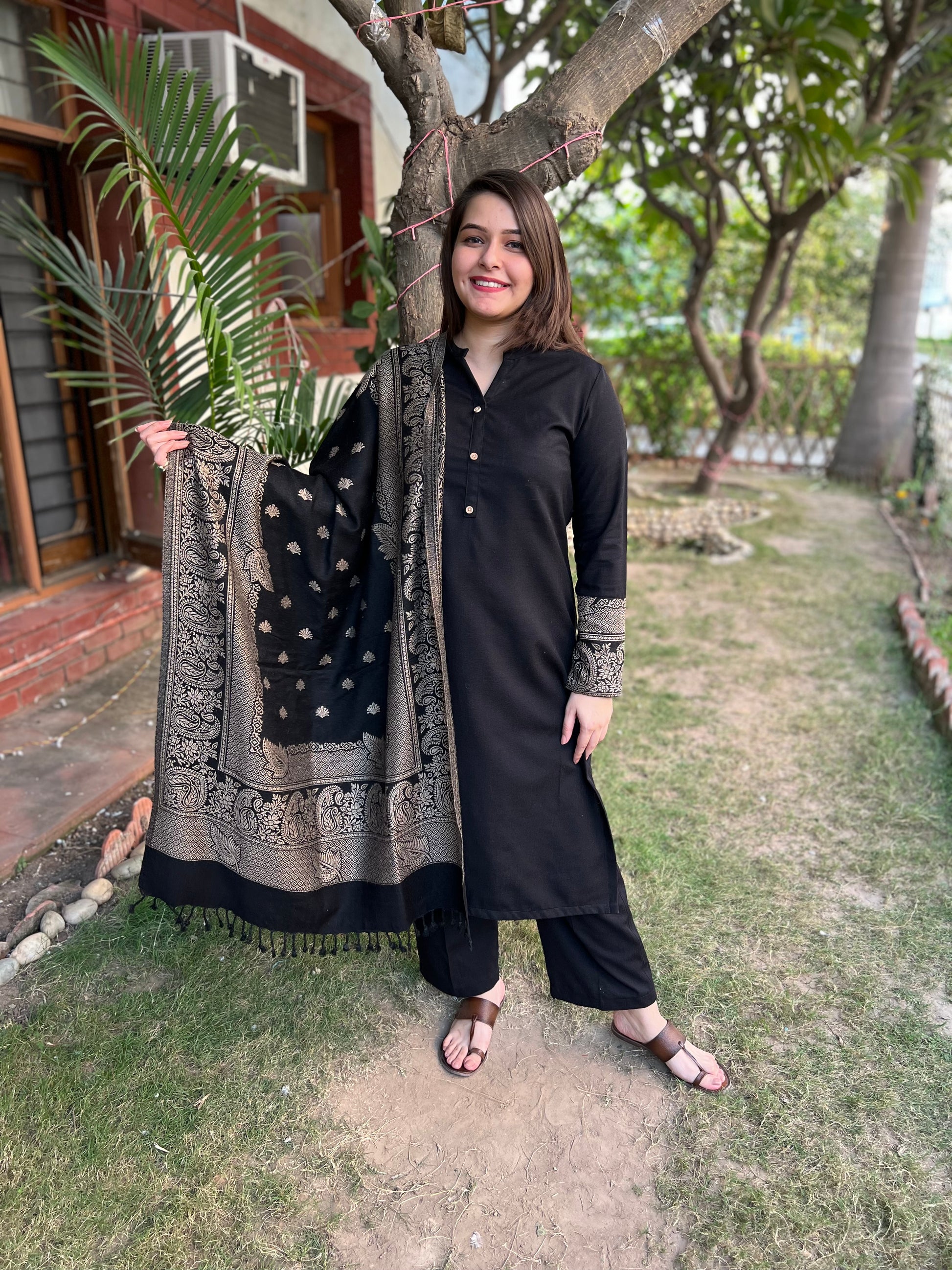 Black Woollen suit set with Shawl - MYSANSKRITAM