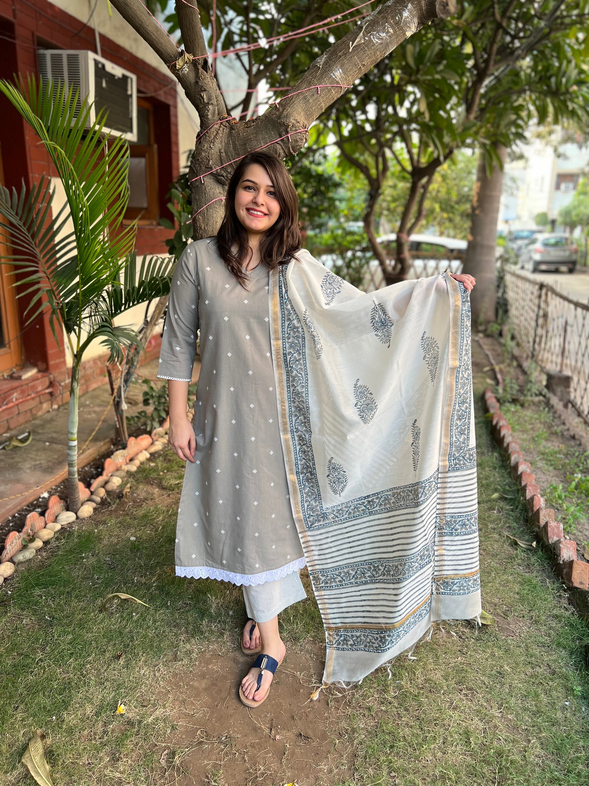 Slate Grey Kurta with handblock Chanderi duppata - MYSANSKRITAM