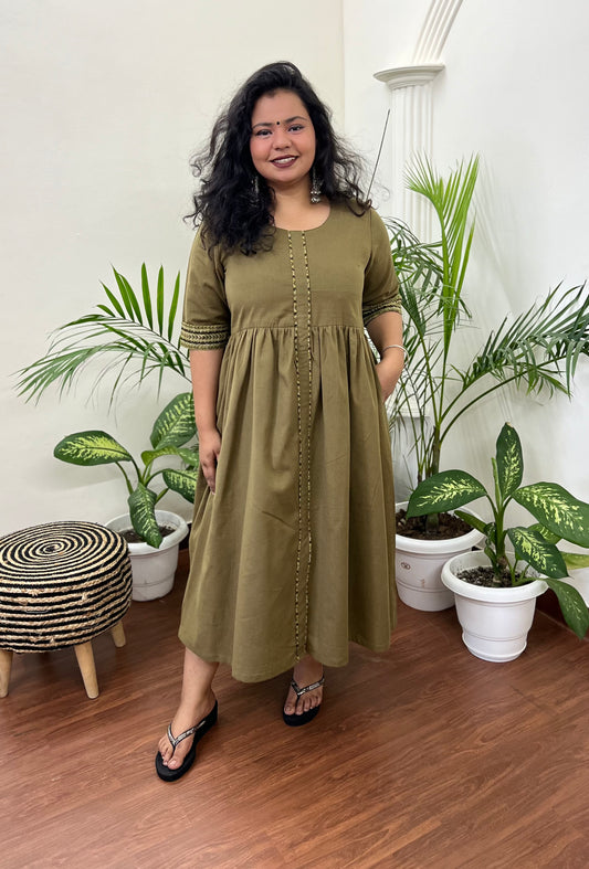 Mehendi Green gather dress with pockets - MYSANSKRITAM