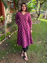 Wine Small Flower V-neck A-line Kurta by MySanskritam