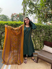 Green A-line chudi sleeve kurta duppata set