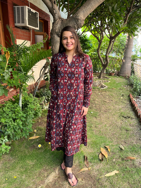 Maroon ajrakh abstract print A-Line Kurta with chudi sleeve - MYSANSKRITAM