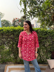 Peach ikkat print kantha kurti