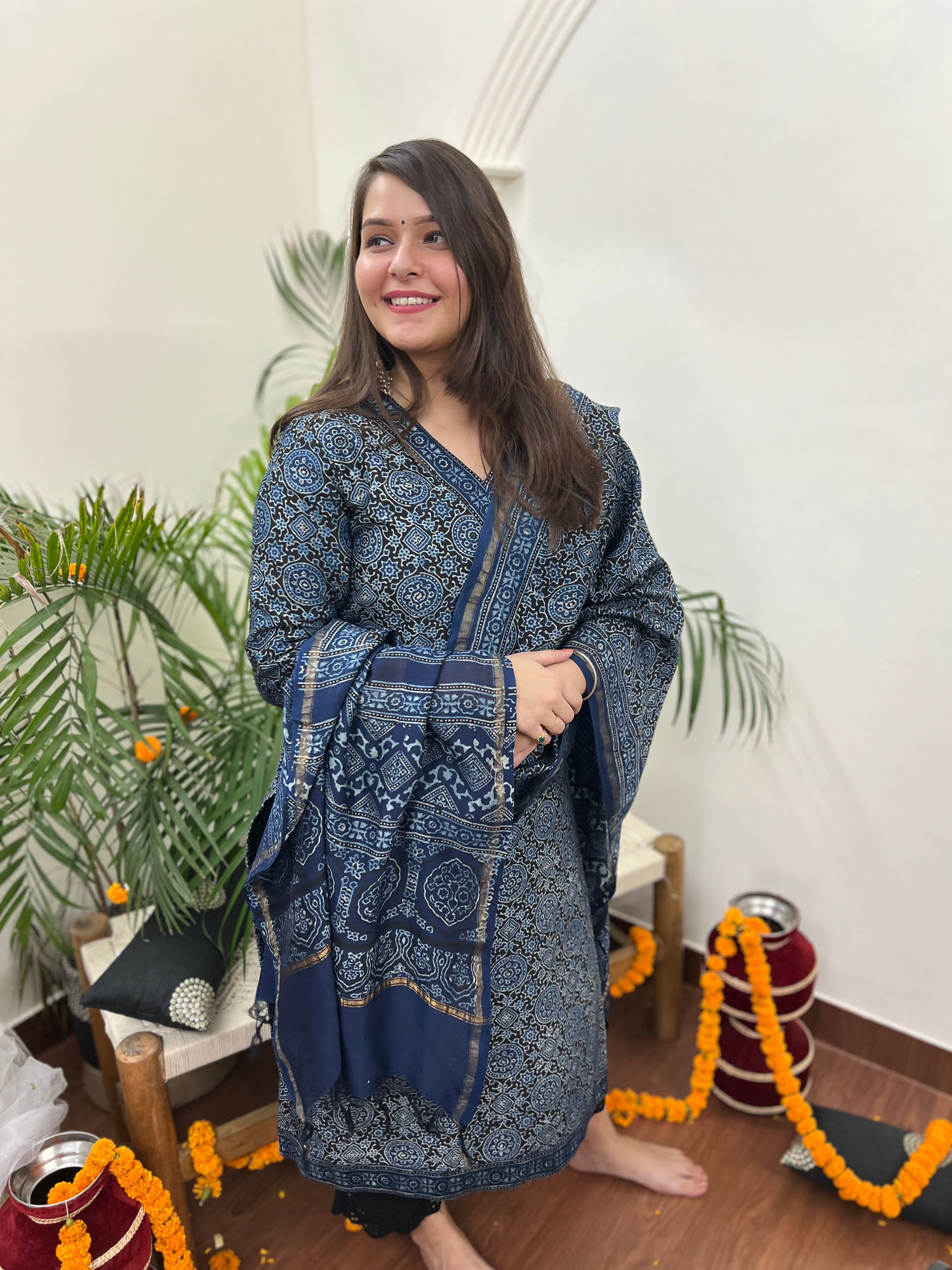 Ajrakh Chanderi Indigo kurta duppata set - MYSANSKRITAM