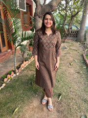 Brown sanganeri yoke kurta