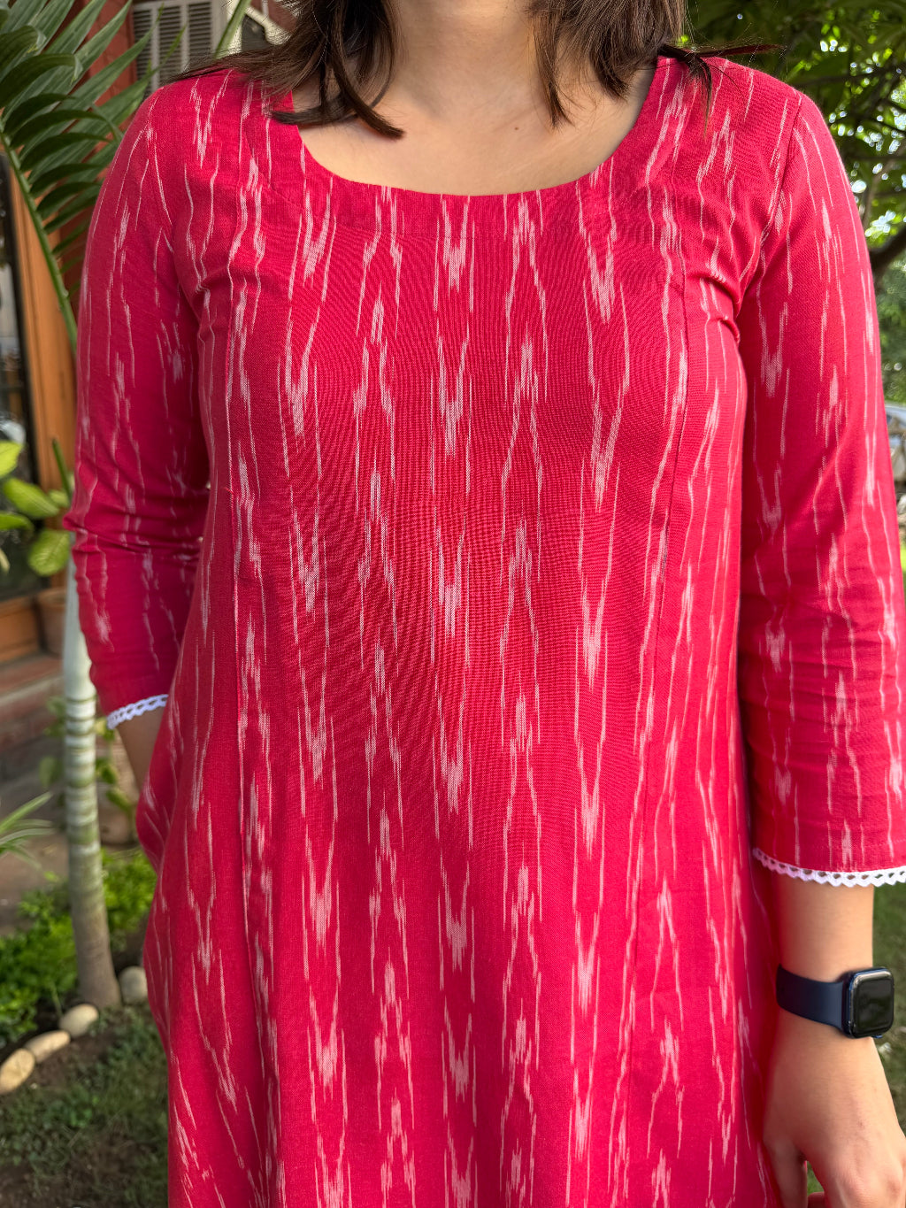 Magenta Ikkat A-line Kurta with Pocket up close by Sanskritam