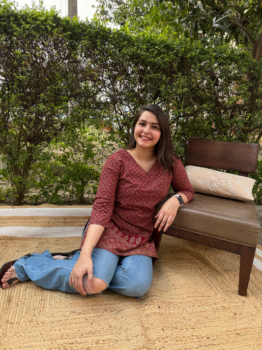 Maroon ajrakh short kurti