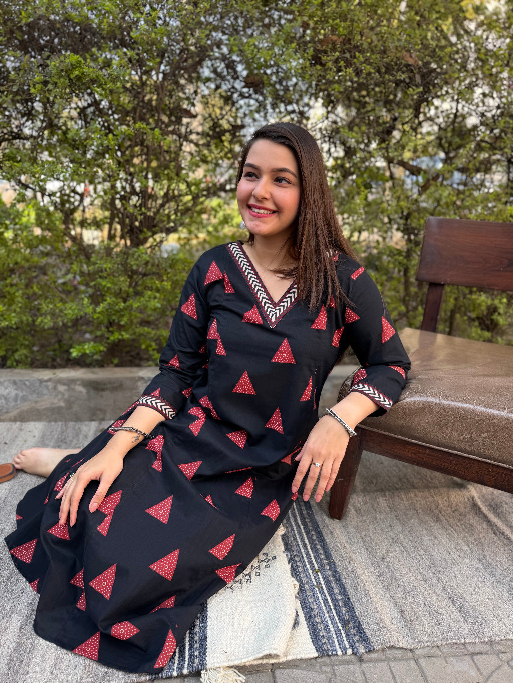 Black Geometric Aline Kurta sitting pose by MySanskritam